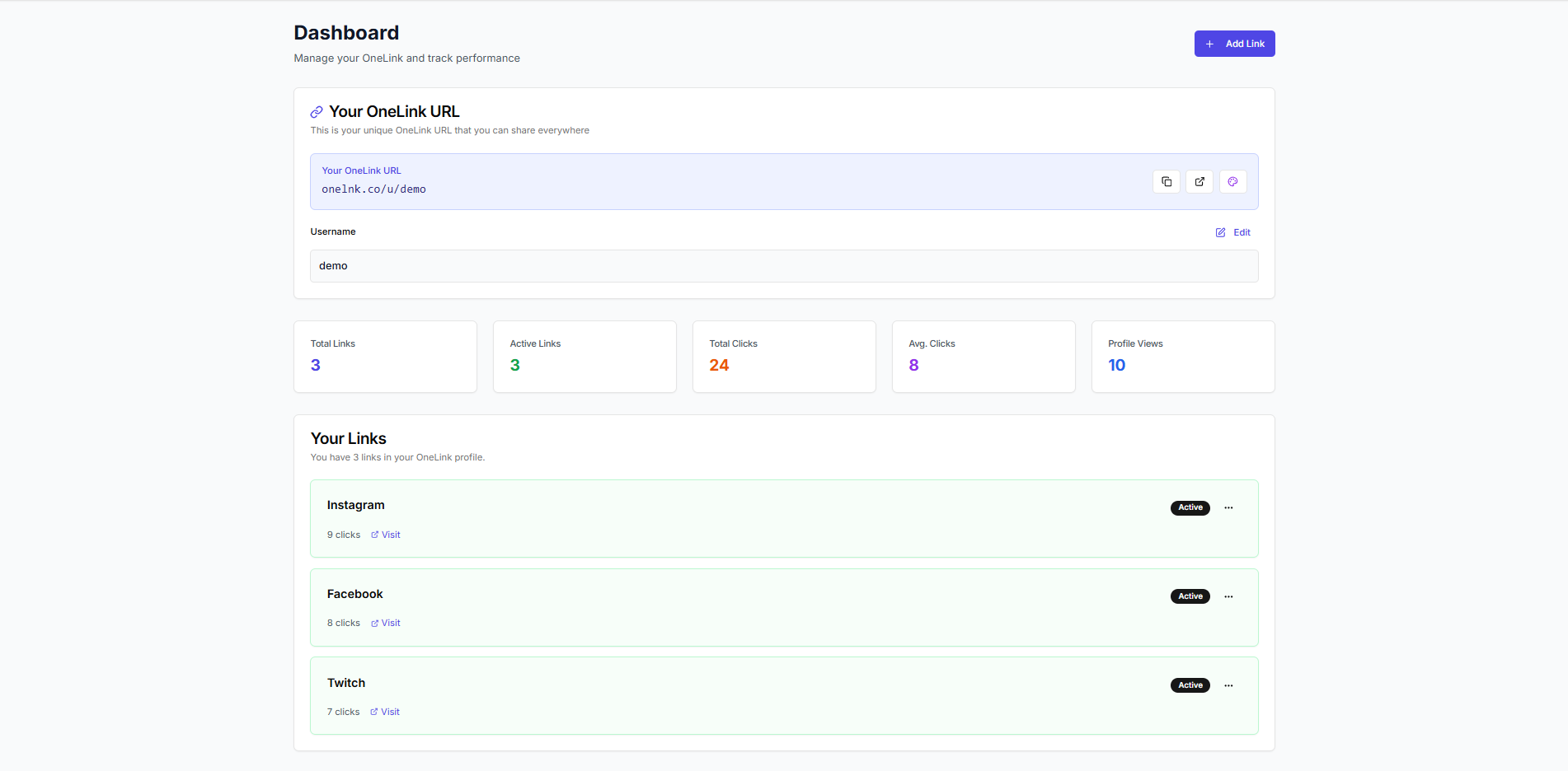OneLink Dashboard - Manage your links, track clicks and views with beautiful analytics